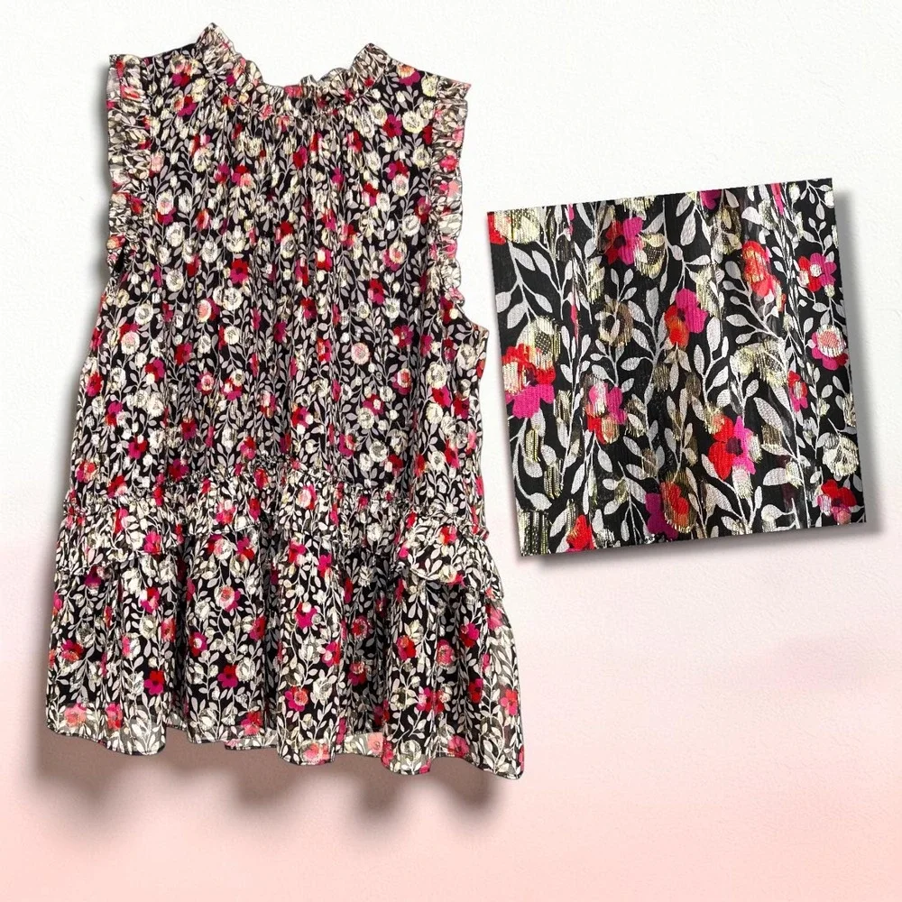 Kate Spade Metallic Floral Lurex Ruffle Blouse M Romantic Coquette Luxe Tunic